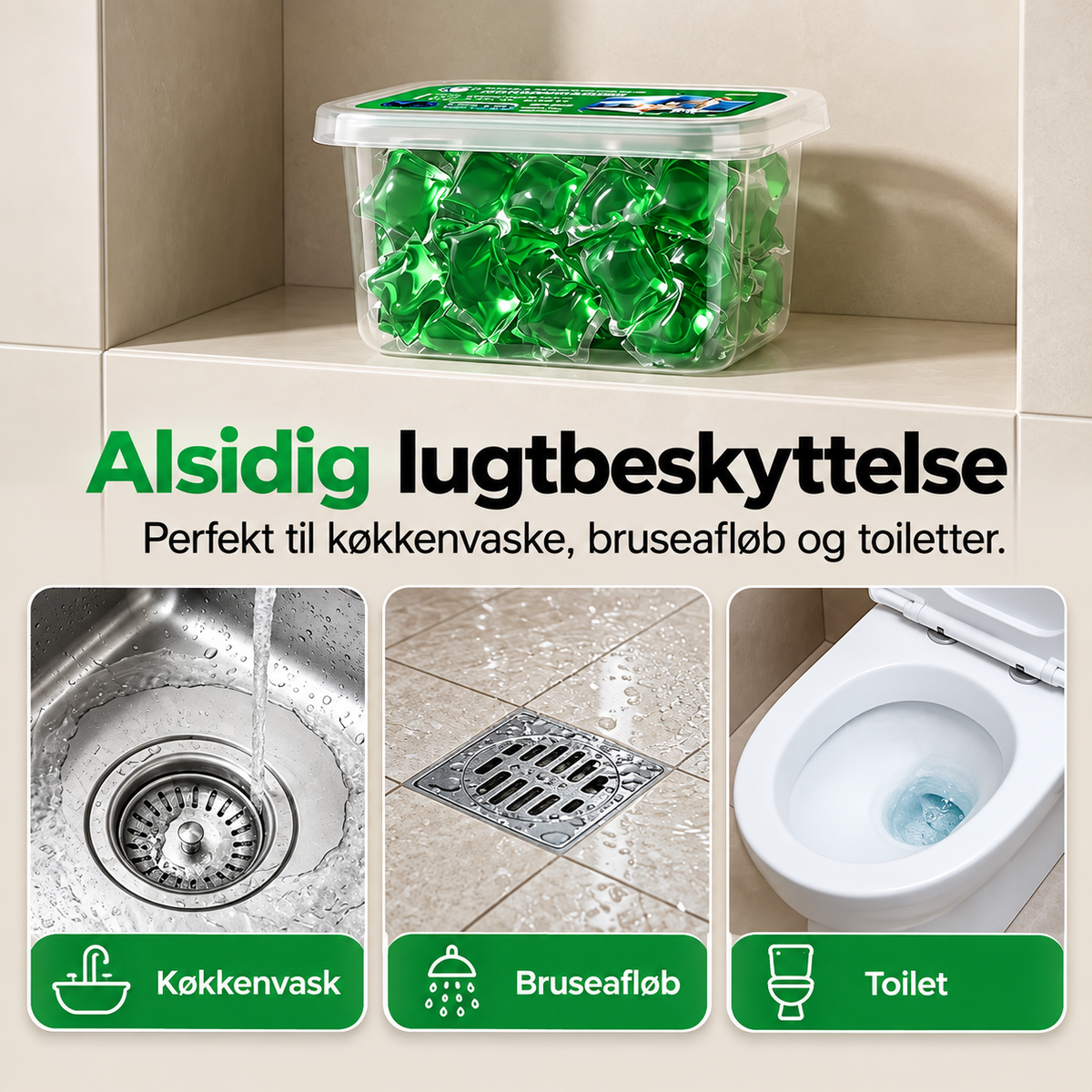 Lugtfjernende afløbskapsler